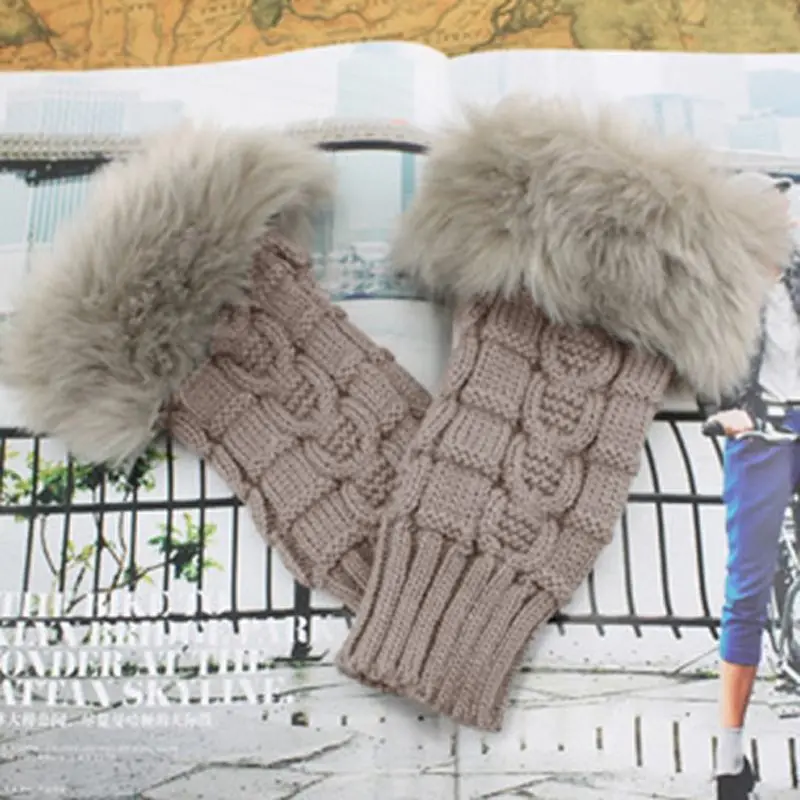 Hot Women Faux Rabbit Fur Hand Wrist Winter Warmer Fingerless Long Mitten Gloves Dropship