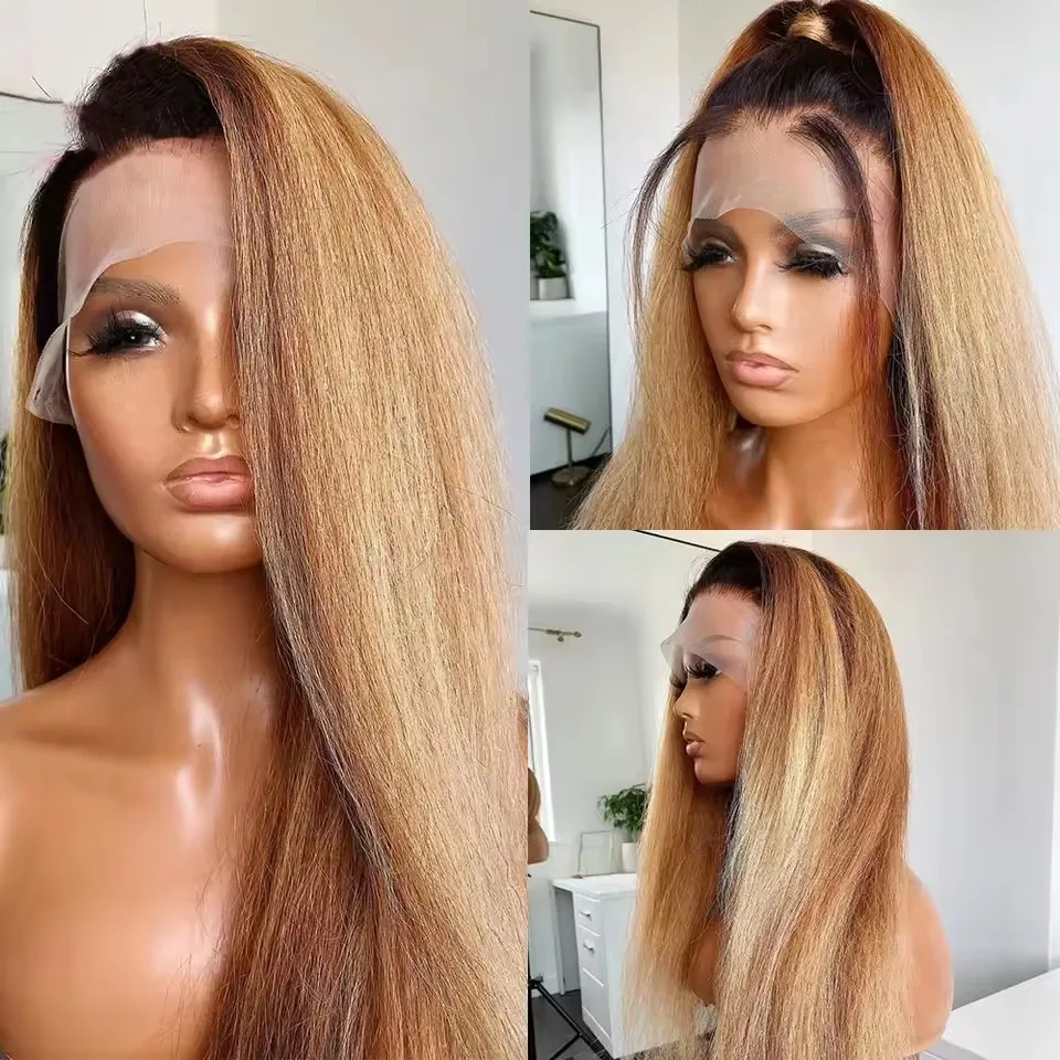 

Ombre Honey Blonde Ponytail Yaki Straight Transprent 360 Frontal Wigs PrePlucked 13x6 Lace Remy Human Hair Kinky Straight Wig