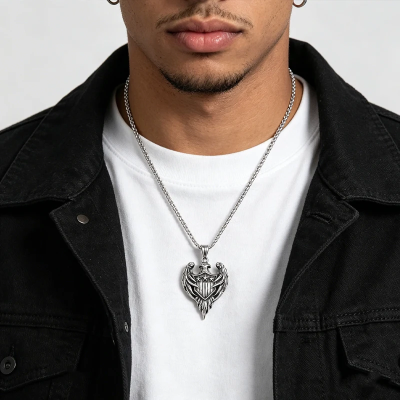 Vintage Distressed Eagle Shield Pendant Necklace – Men’s Streetwear, Hip-Hop and Biker-Style Necklace – Versatile