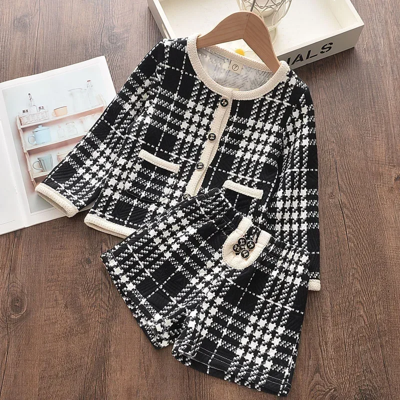 

New Girl's New Girl's Clothing Long Sleeve Checkered Children's Set Top+Pants 2-piece Elegant Children's Set