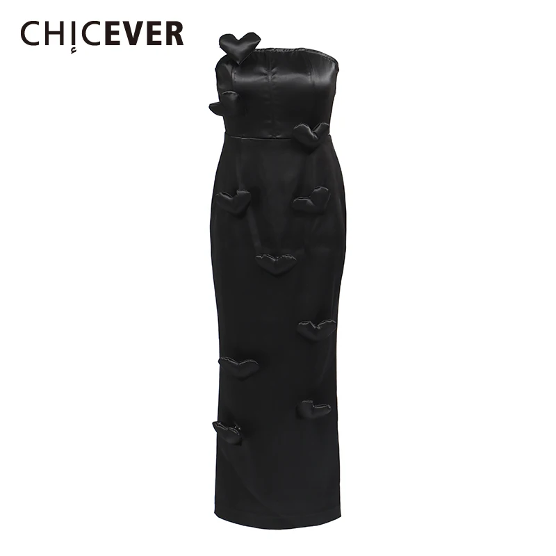 

CHICEVER Sexy Soid Color Party Dresses for Women Strapless Sleeveless High Waist Temperament Midi Dress with 3D Love Female New