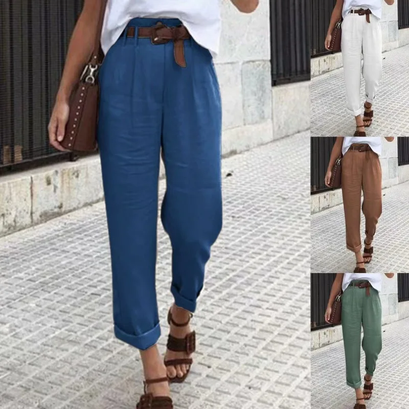 

Women's Straight Leg High Waisted Long Pants Cotton Linen Solid Color Fashionable Side Pockets Buttons for Casual Wear