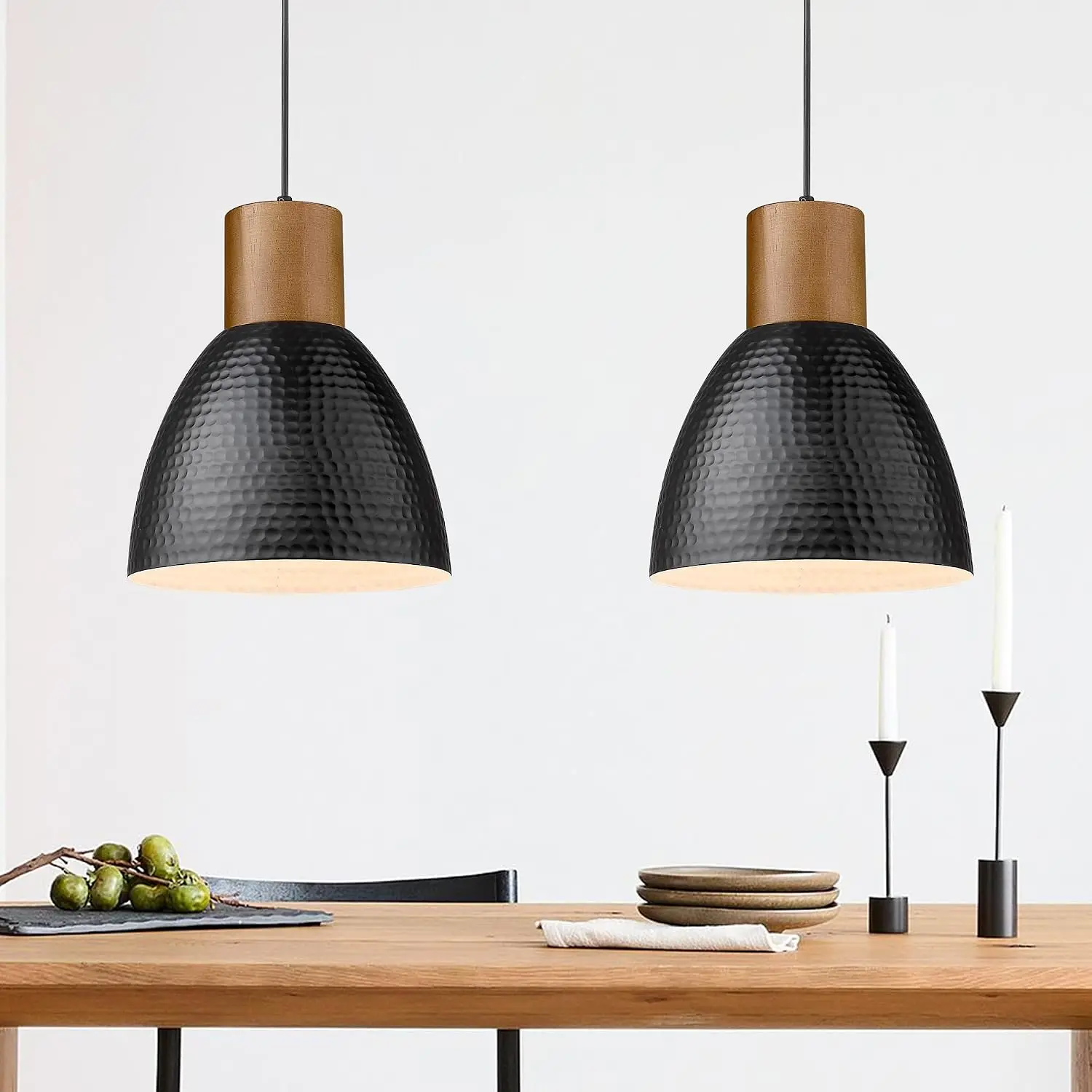 2 Pack Hammered Pendant Lights Industrial Metal Solid Wood Hanging Lamp Modern Island Light Fixtures For Kitchen Bar Farmhouse D