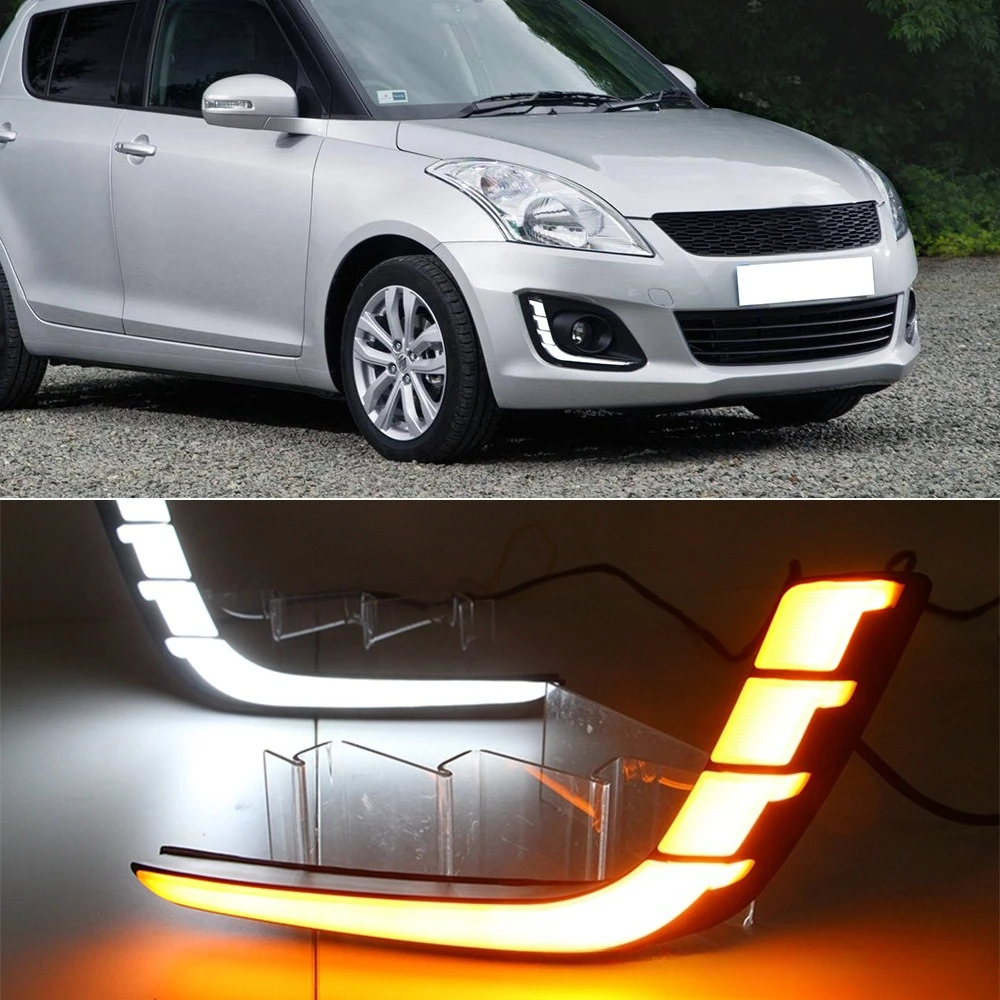 Car Flashing 1 Pair Car LED DRL Daytime Running Lights with Yellow Turning Signal fog lamp cover For Suzuki Swift 2014 2015 2016