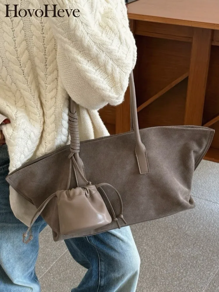 Leisure Female Genuine Leather Large Capacity Bags Versatile Ladies Handbag Solid Color Suede Cowhide Single Shoulder Bag
