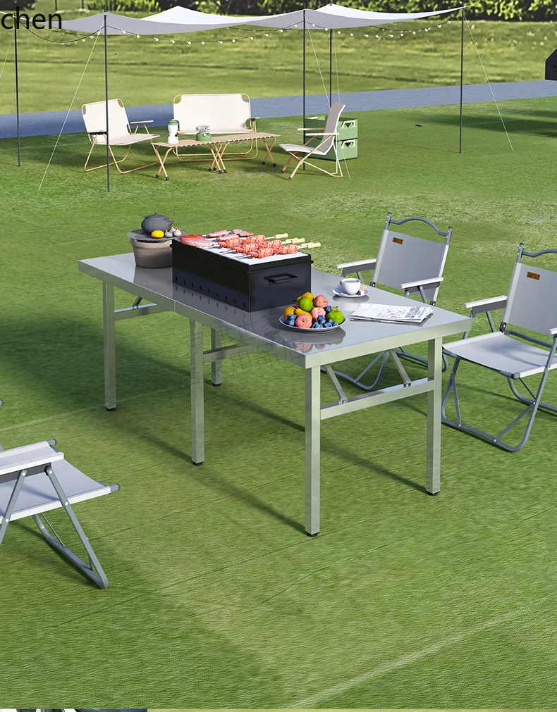 

QZT Thickened Folding Table Stainless Steel Dining Table Outdoor BBQ Table Night Market Stall Setup