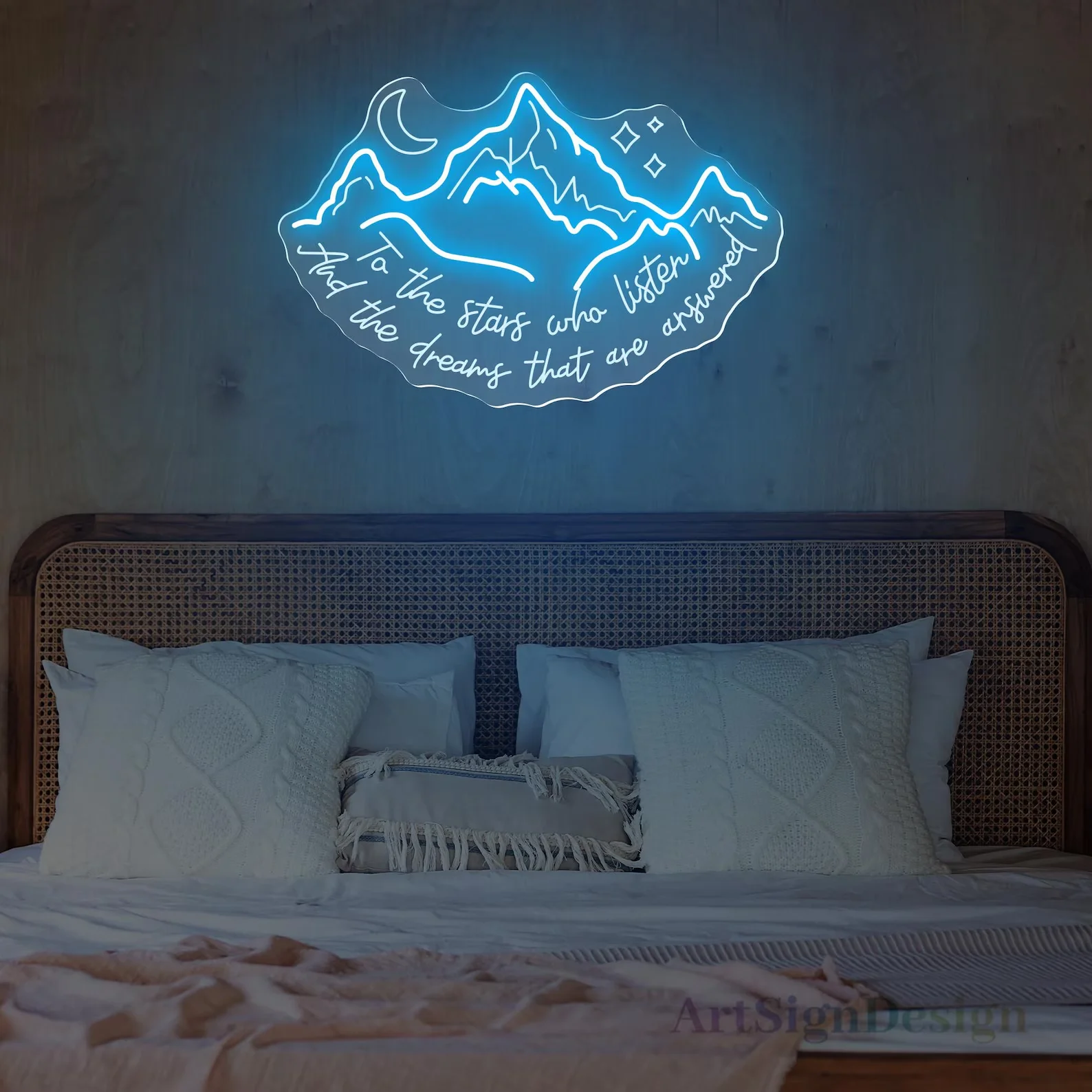 

3D Engrave Mountain with stars Neon Sign, To the stars who listen, and the dreams that are answered, Book Lover Gift, Star Decor