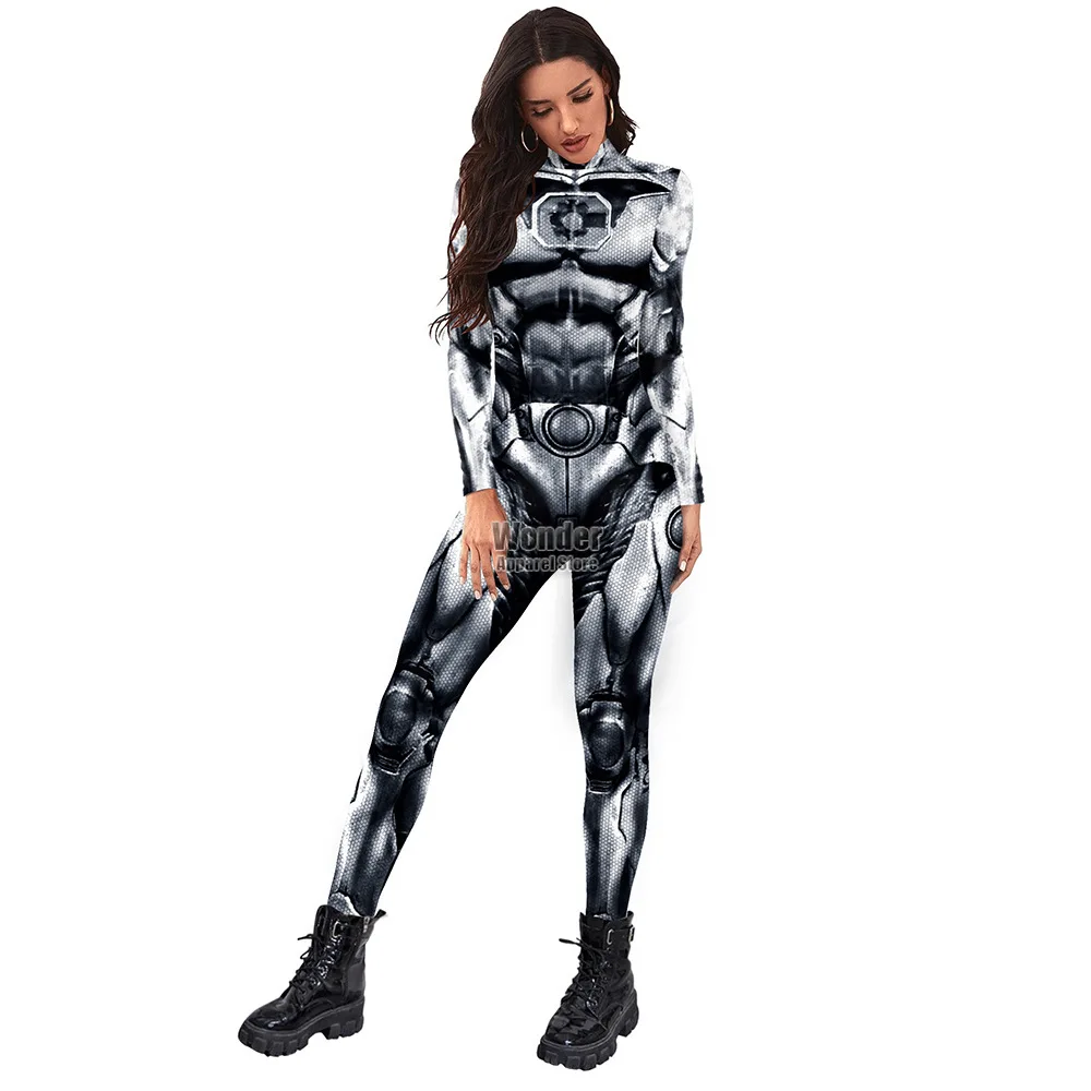 Women Men Punk Future Robot ET Machine 3D Printing Jumpsuit Adult Halloween Cosplay Costumes Party Role Playing Dress Up Outfit