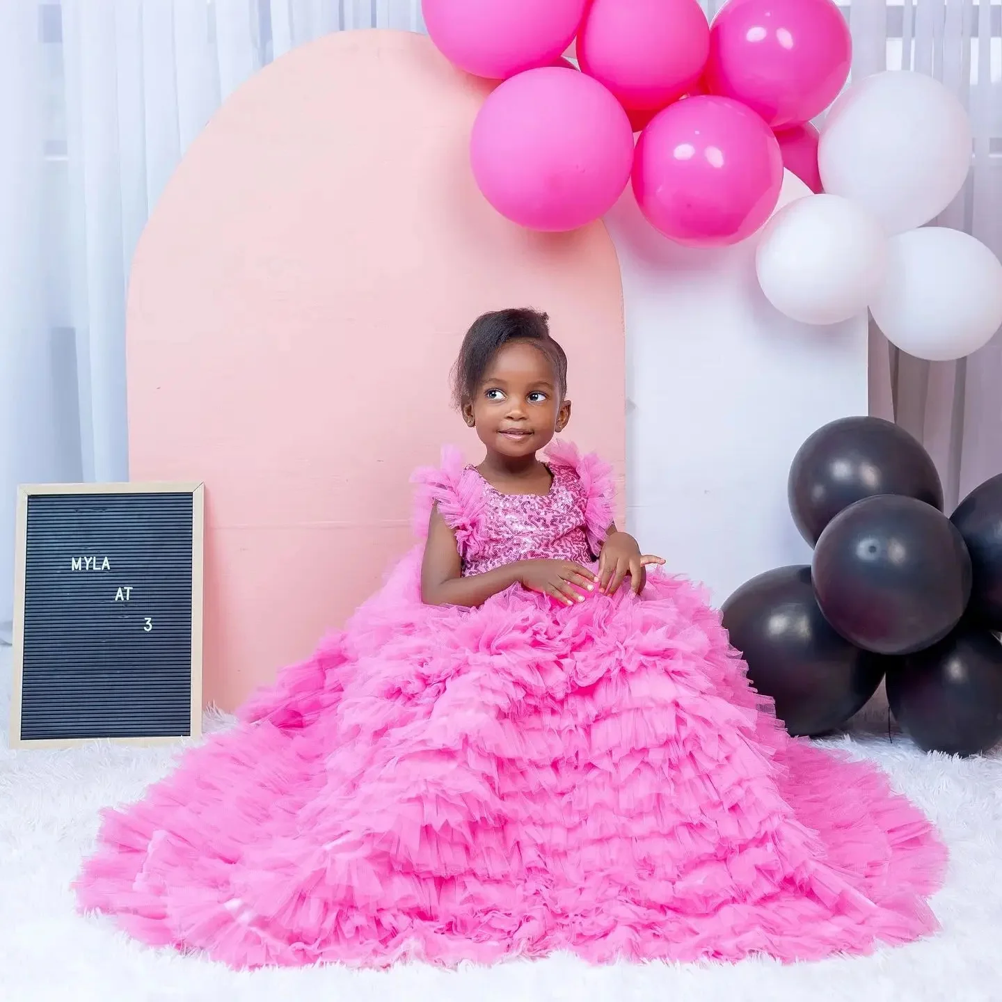 Customized Pink Flower Girl Dresses For Wedding Layered Sparkly Sequins Floor Length Child Party Formal Events Birthday Gown