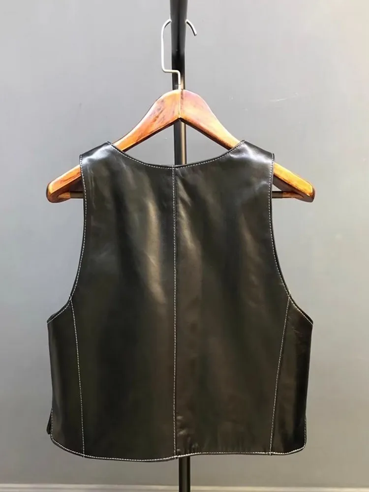 High Street Women Deep U Neck Single Breasted Sheepskin Genuine Leather Vest Casual Sleeveless Jacket Vintage Autumn Waistcoat