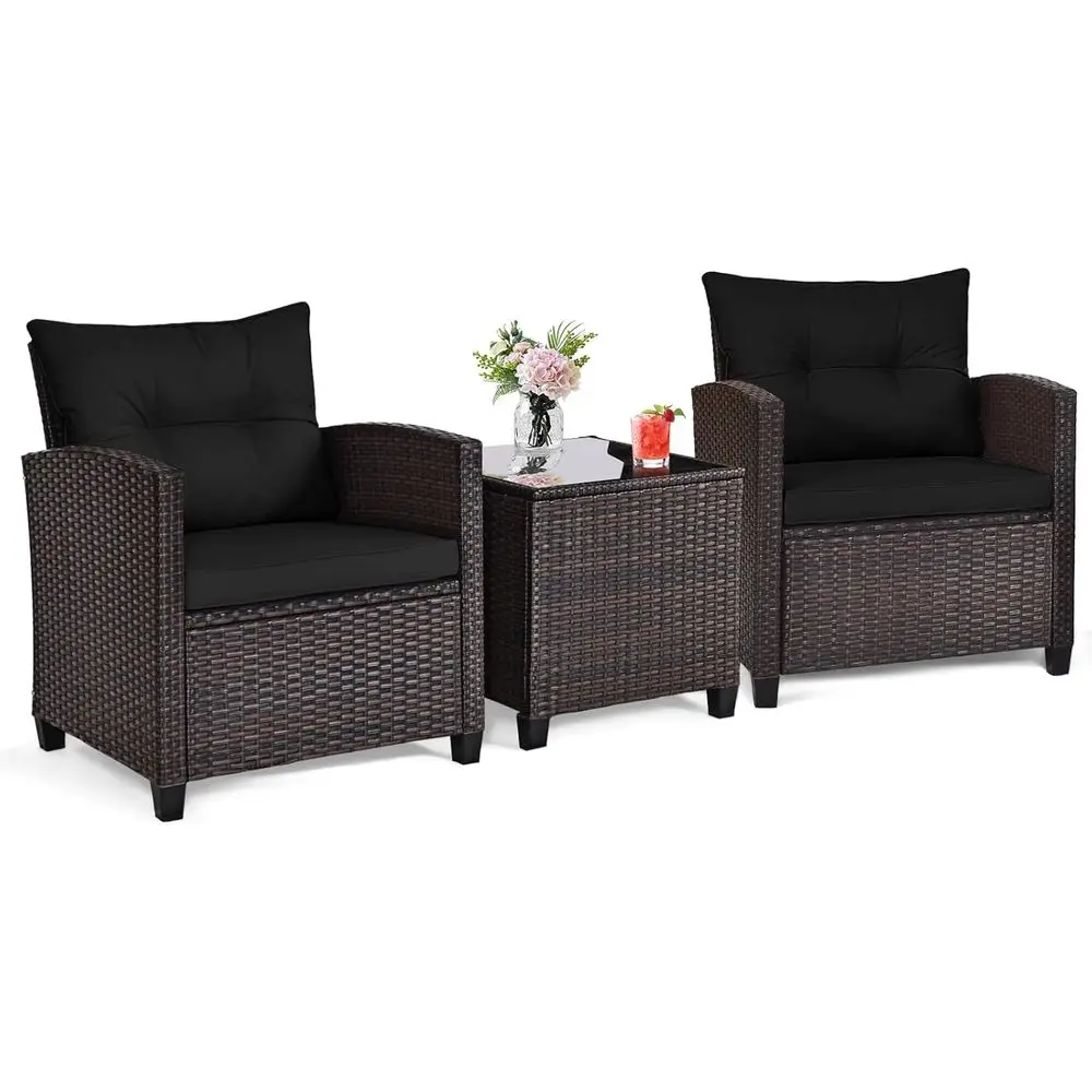 

Black Outdoor Wicker Patio Furniture Set with Cushions and Glass Coffee Table for Balcony, Deck, or Poolside