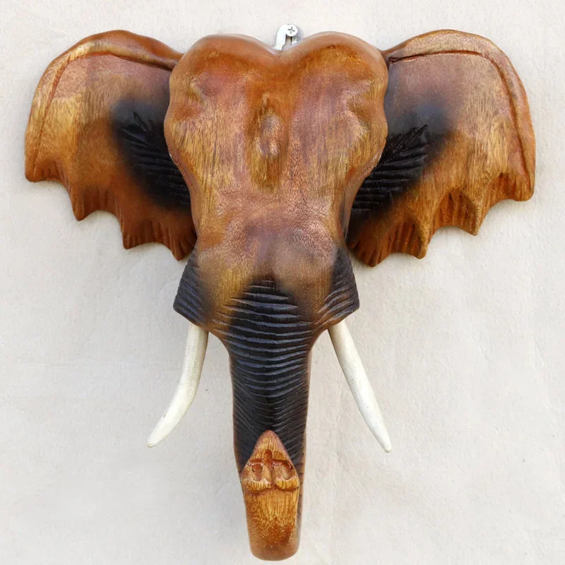 Solid Wood Elephant Head Sculpture Elephant Statue Wall Hanging Wood Animal Carved Wall Background Decor Living Room Decoration