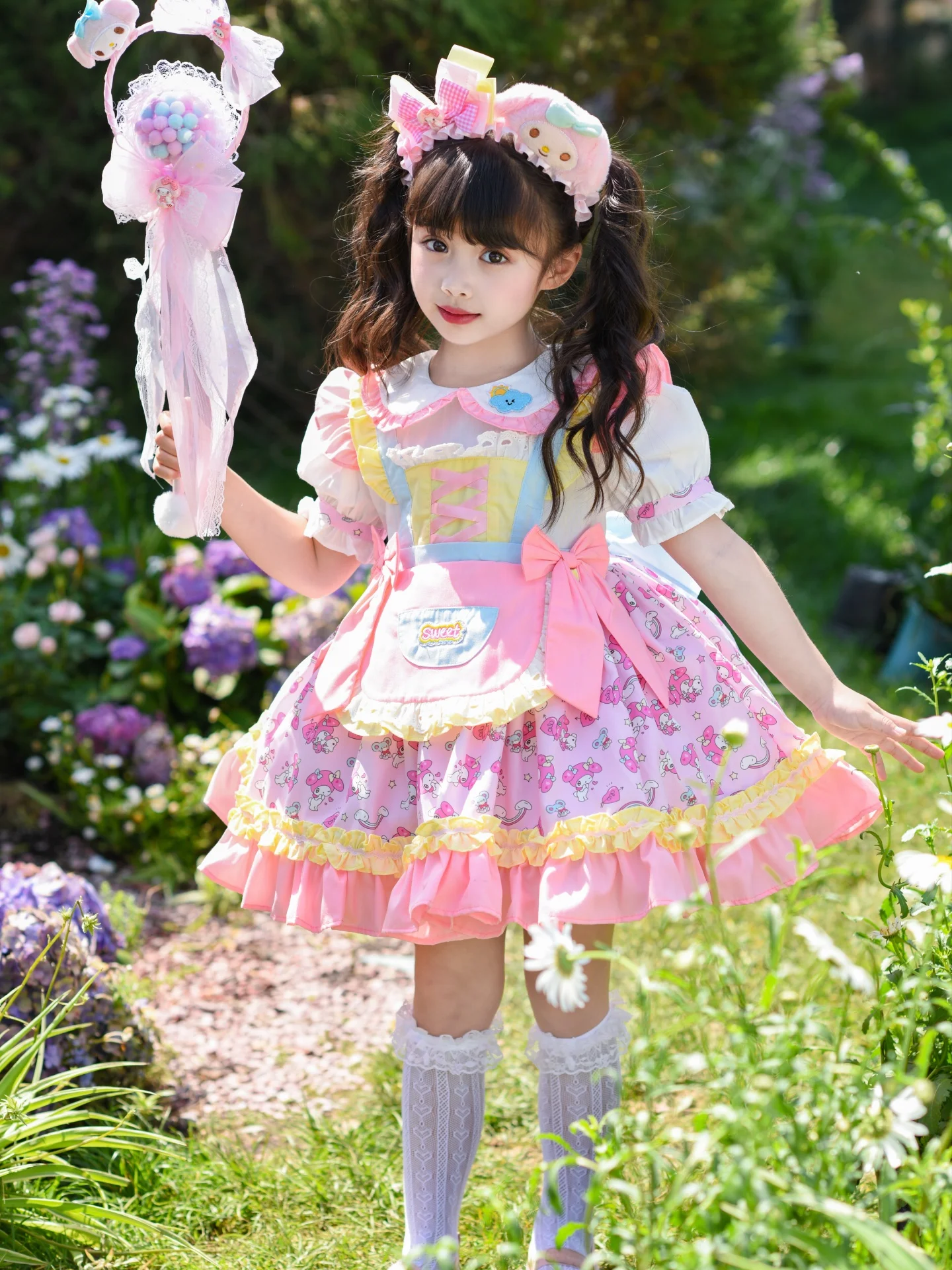 Vestido de Princesa Doce e Divertido para Meninas, Saia para Festa de Aniversário, Vestido de Verão com Mangas Bufantes e Cin...