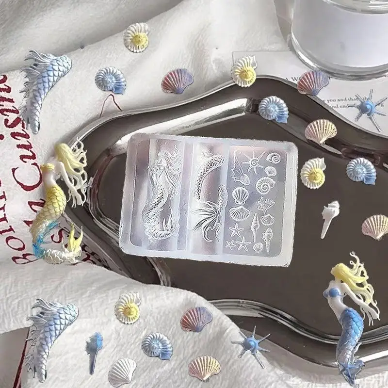 Serie con diseño marino, molde de silicona 3D para uñas, sirena, estrella de mar, concha, plantillas para tallar uñas, herramienta de diseño de manicura, decoración artística de uñas DIY