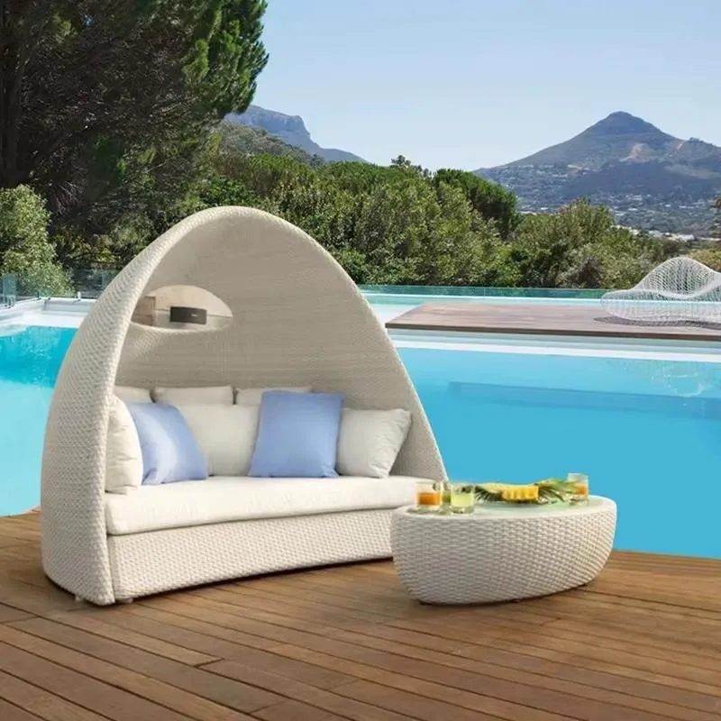 Outdoor PE Rattan Double Recliner Sofa Bed Modern Simple High Elastic Cushion Anti UV Durable