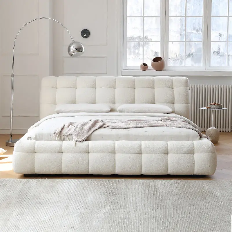 Cama matrimonial king size italiana moderna, tapizada en suave tela de roble, estilo Marshmallow, en oferta.