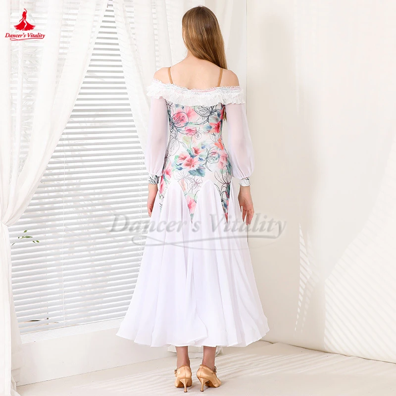 Ballroom Dance Lantern Sleeves Flower Print Dresses To Women Adult Waltz Foxtrot Tango Quickstep Professional Practise Costume