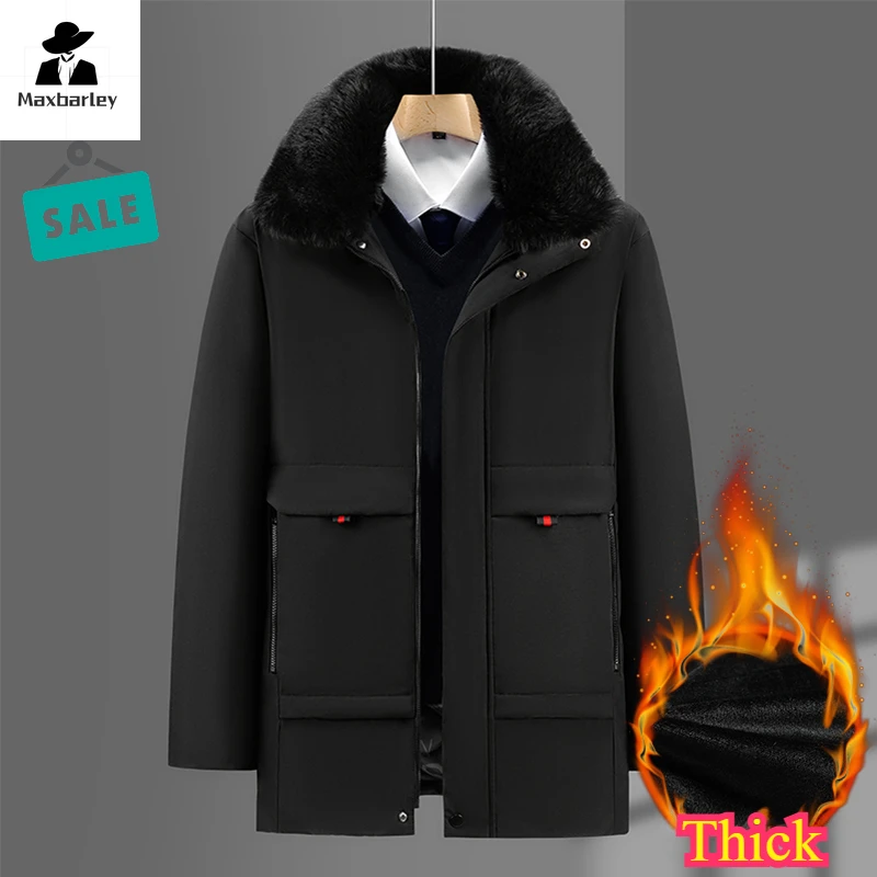 

Winter Luxury Jacket Men's Casual Brand Thick Detachable Fur Collar Warm Parka High Quality Cold-proof Mid-length Padded Coat