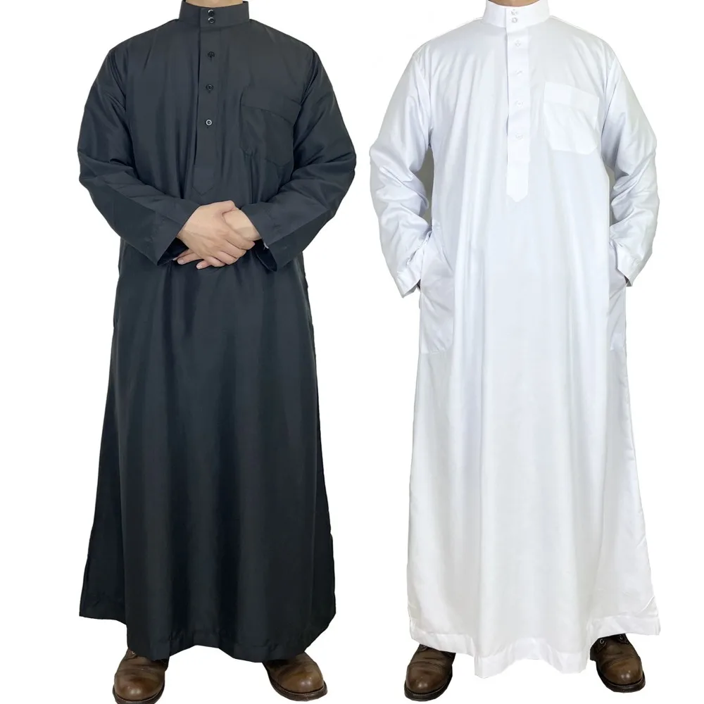 

Arabic Thobe for Men Polyester Long Robe with Pockets Stand Collar Dubai Wear
