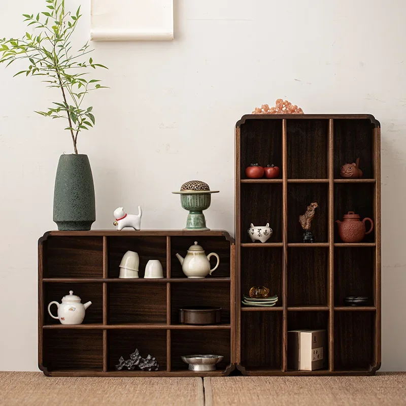 Walnut Wall Mounted Antique Shelf Desktop Storage Display Cabinet Solid Wood Multi Treasure Pavilion Teacup Rack Decoration