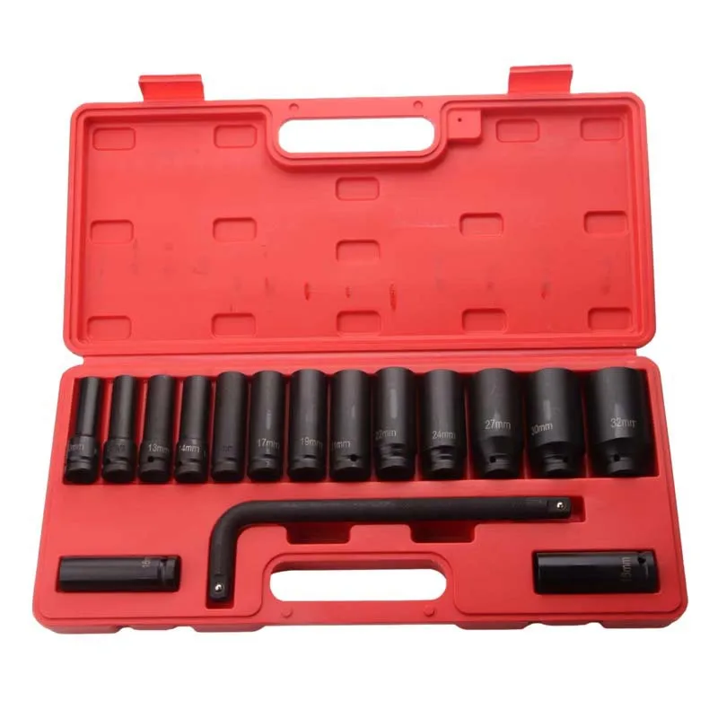 Wind cannon sleeve lengthened 15-piece set plus bending rod 16-piece set 1/2 pneumatic sleeve wrench set Auto repair tool