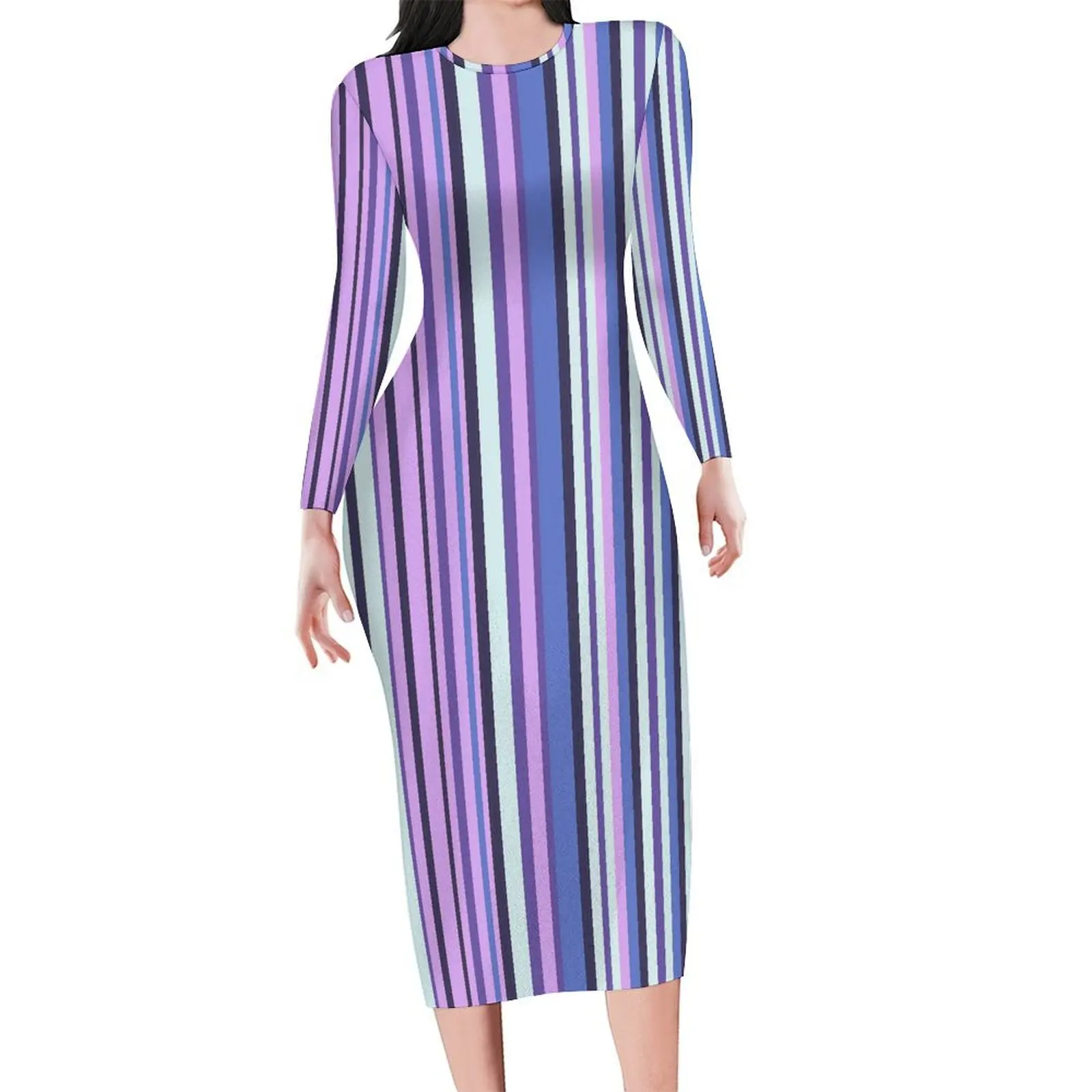 

Stylish Striped Dress Long Sleeve Colorful Lines Print Sexy Dresses Spring Womens Street Fashion Graphic Bodycon Dress Big Size