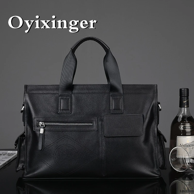 OYIXINGER New Genuine Leather Business Handbag For Men's Casual Cowhide Computer Shoulder Bag Large Capacity Crossbody Briefcase