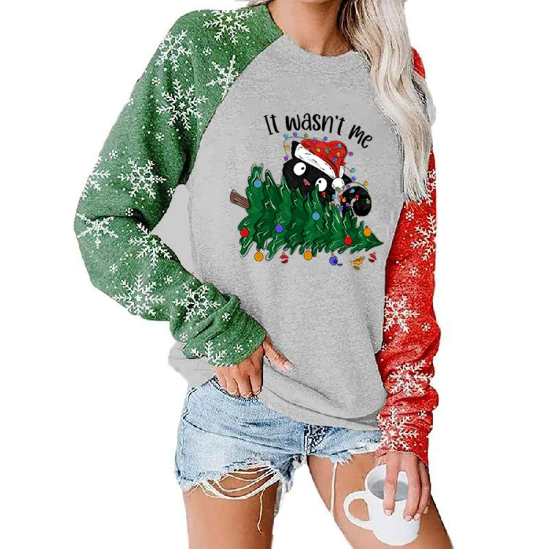 

Funny Cat It Wasn't Me Fashion Casual Sweatshirt Merry Christmas Tree Design Red Green Sleeves Top Cat Christmas Thin Sweatshirt