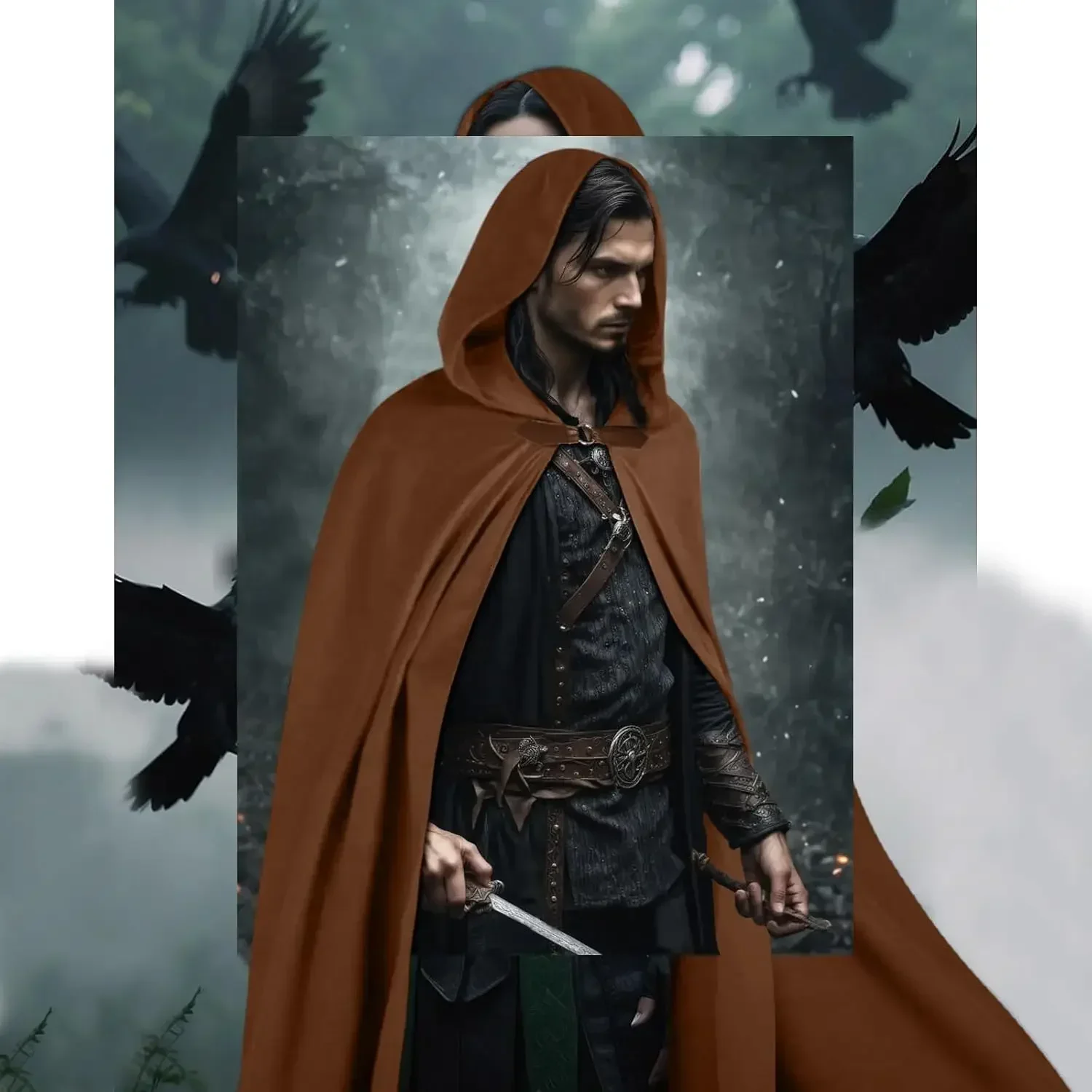 Joukavor Velvet Hooded Cloak Medieval Renaissance Cape with Hood for Men Women Halloween Costume - view 3