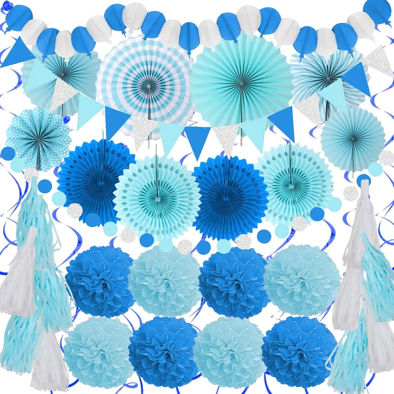 Party Decorations, 41 Pcs Blue Papar Fans Pompoms Garlands String Tissue Paper Tassel For Fiesta Home Bridal Baby Shower