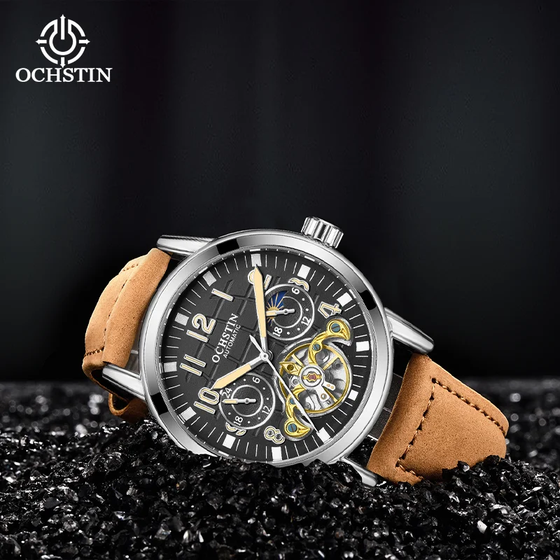 

OCHSTIN Mens Mechanical Movement Watches Man Leather Strap Wristwatch Sun Moon Phase Luminous Hands Skeleton Classic Watch