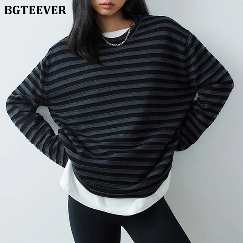 

BGTEEVER Повседневные свободные женские полосатые футболки с круглым вырезом, весенне-осенние винтажные вязаные пуловеры с длинным рукавом