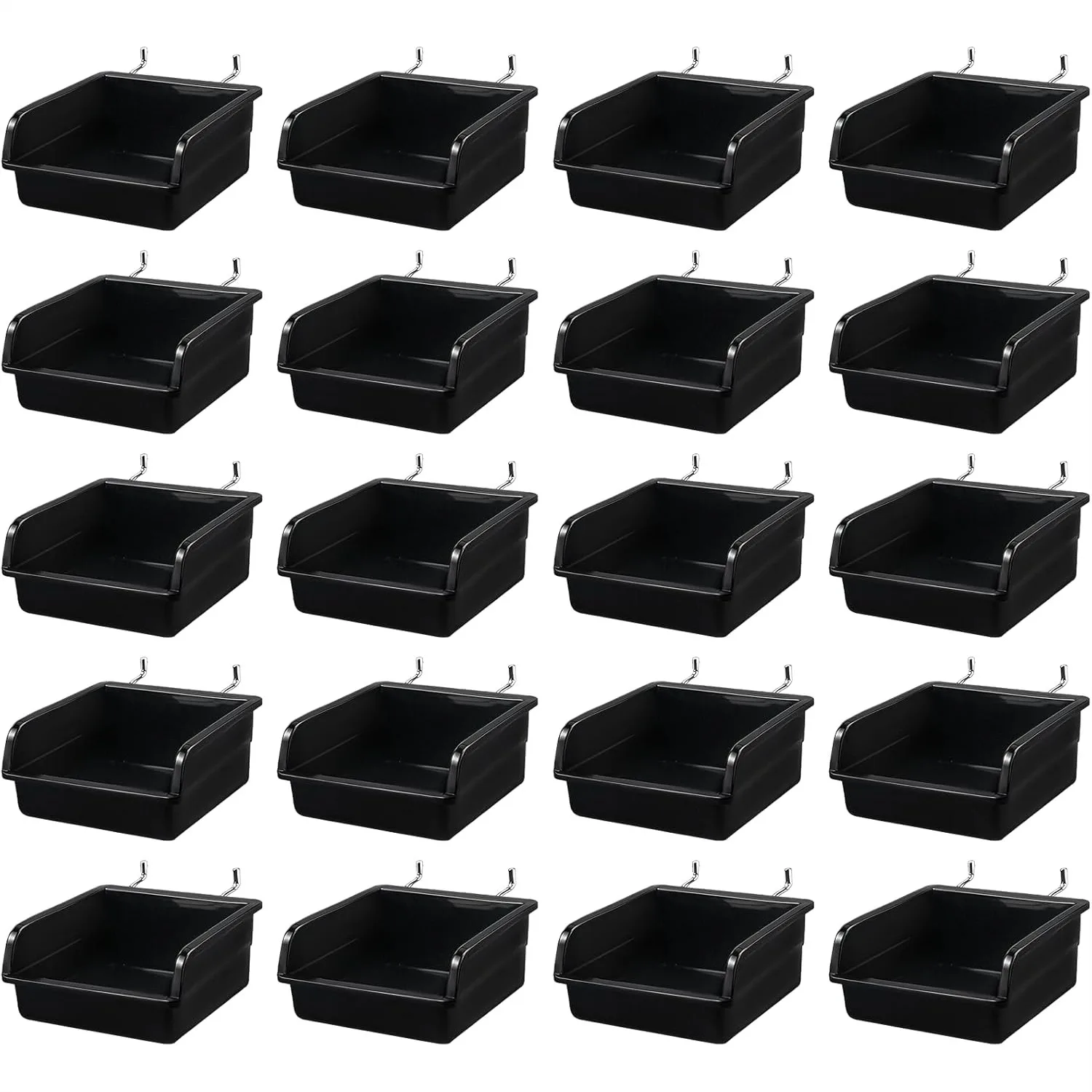 

20 Pack Pegboard Bins with Metal Hooks, Heavy Duty Black Storage Containers for Garage, Workshop, Craft Room, Tool Shed