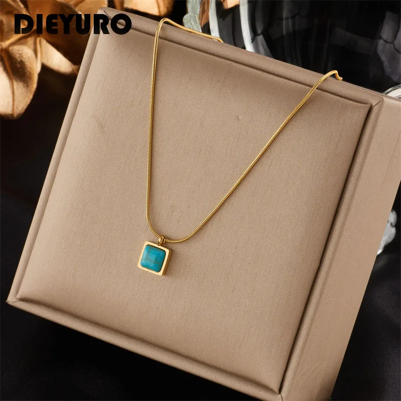 

DIEYURO 316L Stainless Steel Gold Color Chain High Quality Green Stone Pendant Necklace for Women Classic Female Jewelry Gift