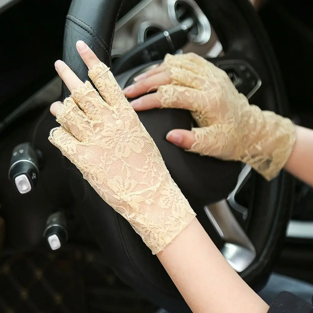 Womens Sexy Lace Driving Gloves Ladies Long Fingerless Mesh Mitten Half Finger Fishnet Gloves Dance Gloves Lace Gloves