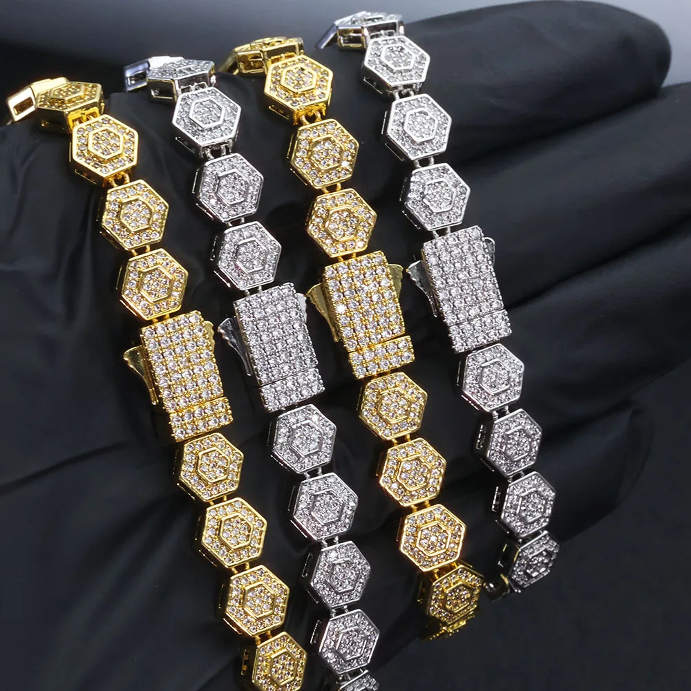 

NY 8,5 мм Iced Out бриллиантовое ожерелье с микро-паве, блестящий циркон, геометрическая шестиугольная форма, очаровательная цепочка, ювелирные изделия для женщин