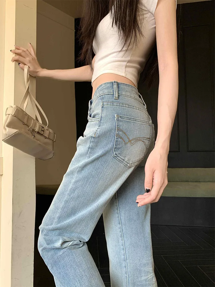 Women's Light Blue Bell Bottom Jeans Young Girl Flared Trousers Y2k Cool Bottoms 90s Female High Waist Sweatpants Wide-leg Pants