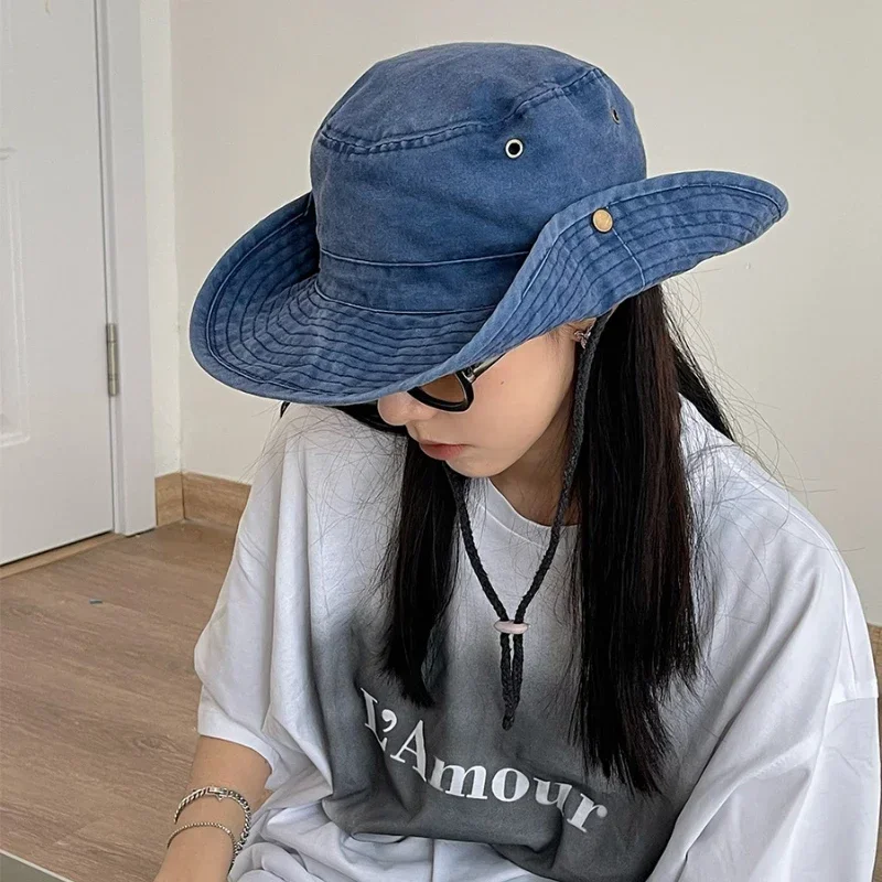 2025 Blaue Cowboy-Wander-Eimerhüte mit Schnur, Herren-Denim-Strand-Sonnenhut für Damen, Outdoor, Paar, Bob, Panama, Sommer-Fischerkappe