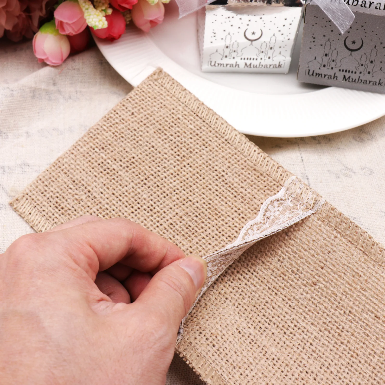 6pcs Burlap Cutlery Pocket Tableware Bag Lace Vintage Jute Hessian Knife Fork Holder Rustic for Wedding Party Birthday Decor view 5
