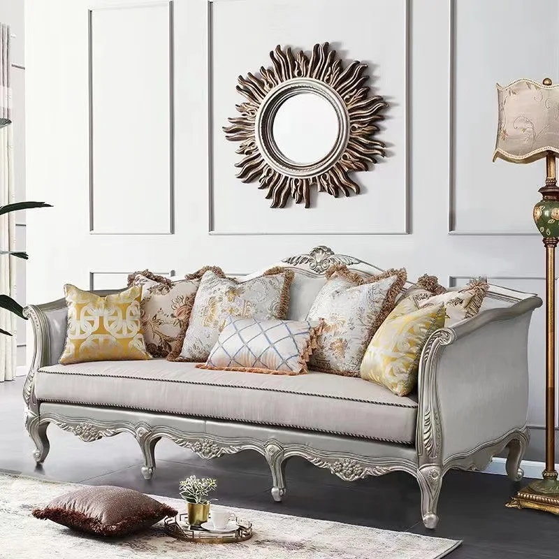 Sofa z litego drewna, sofa skórzana artystyczna, sofa trzyosobowa w stylu europejskim, rzeźbiona sofa do salonu, fotel wypoczynkowy z tkaniny.