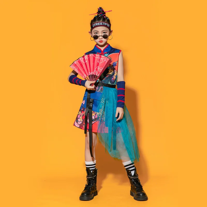 Kid Kpop Hip Hop Clothing Harajuku Print Dress Blue Mesh Skirt for Girl Jazz Dance Costume Set Clothes with Arm Sleeves