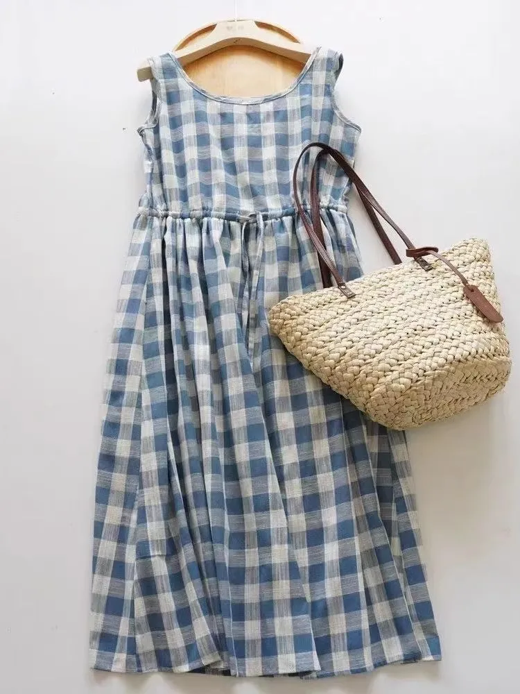 

Japan Style Blue Plaid Bamboo Cotton Women Vest Dress 2025 New Summer Casual Loose Sleeveless Midi Dress Large Swing Tank Dress