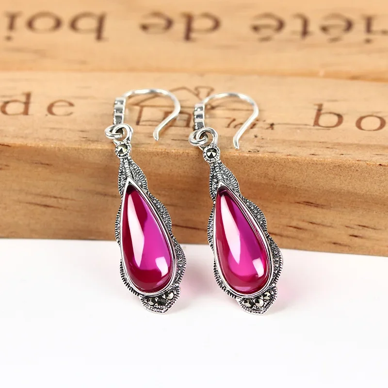 GQTORCH Real 925 Sterling Silver Jewelry Water Drop Shaped Red Ruby Earrings For Women Hooks Earrings Christmas