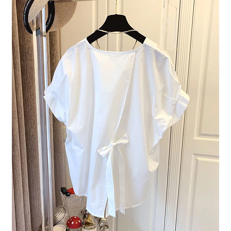 Fashion Solid Color Loose Bandage Bow Shirring Blouse Female Clothing 2023 Summer New Casual Pullovers Korean Asymmetrical Shirt