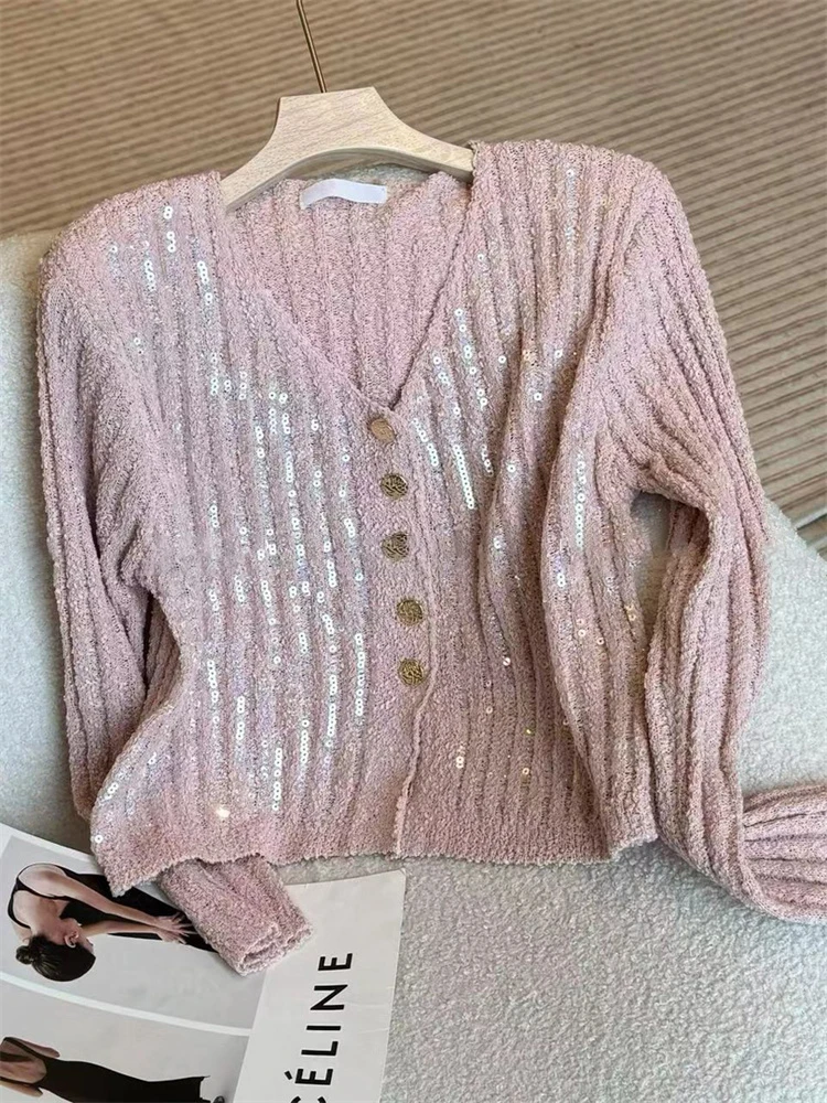 

Chic Sequin Pink Sweaters For Women Autumn Winter V-Neck Long Sleeved Casual Knitted Cardigan 2024 New Solid Simple Ladies Tops