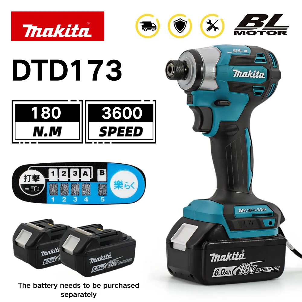 Makita Brushless Impact Driver DTD173 18V Lithium Cordless Electric Drill Power Tool Multifunction Household Tool（No Battery）