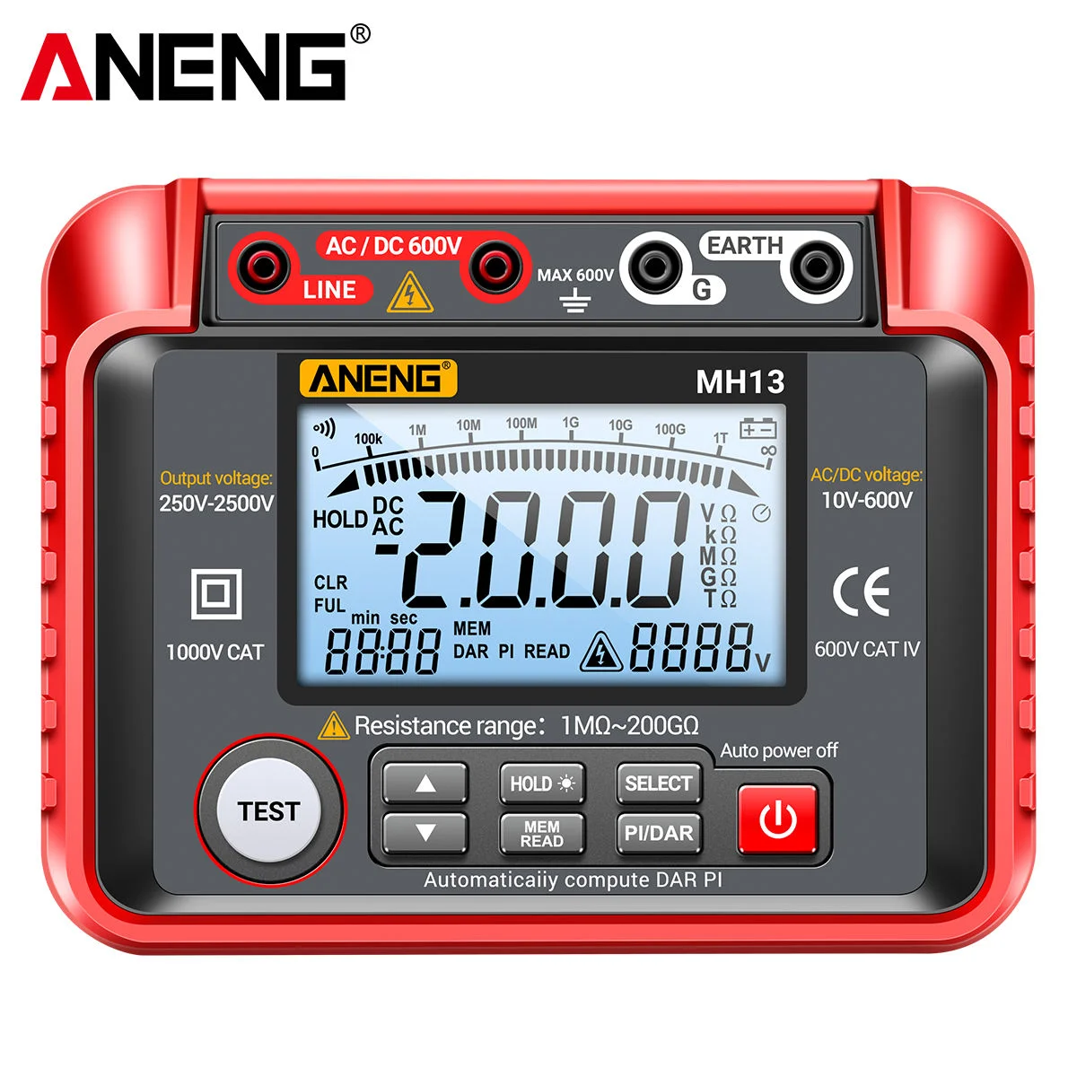 

Digital Multimeter MH13 Ohm Tester High Voltage 2000 Count Resistance Meter Insulation Earth Megohmmeter Tool 1 Year IP65