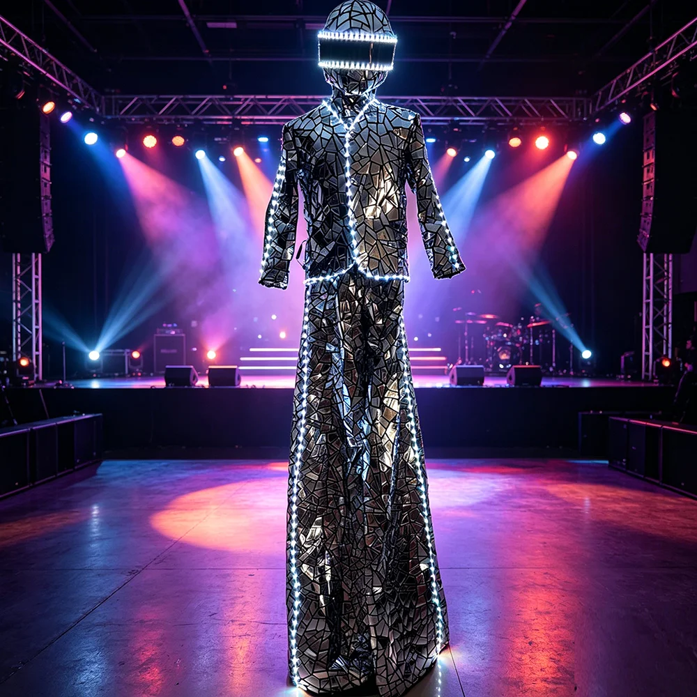 LED Costume Stilts Walker Full Set with Auto Color Changing Mirror Sequin Fabric Glow-in-the-Dark Performance Suit for Cosplay S