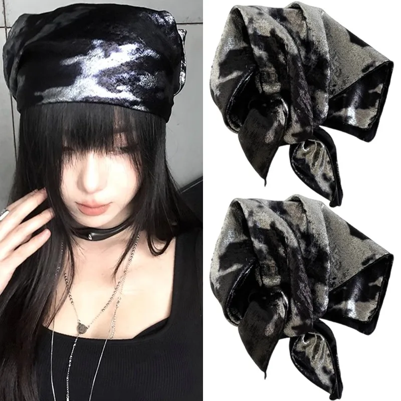

2025 Fashion Punk Retro Triangle Hair Scarf Bandana for Women Girls Hairband Scarf Hip-Hop Silver Headscarf Headwear Accessories