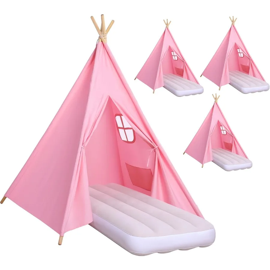 Paquete de 4 casitas de juegos para niños con luces, bandera y colchón de aire inflable, plegable para interiores/exteriores, tienda de campaña para fiesta de pijamas, funda para dormir